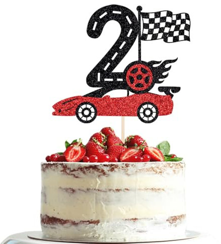 Dxsdgetue Car Cake Topper Race Car Cake Decorations for Racing Car Checkered Flag-Glitter Race Car Cake Topper Boys or Girls Happy Birthday Theme Cake Decor (2)