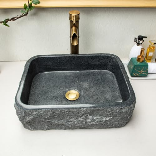 Artesanía única hecha a mano, fregadero de piedra, fregadero rectangular mediano, gris oscuro moteado, fregadero de granito, estilo rústico de granja, para tocador de baño o encimera