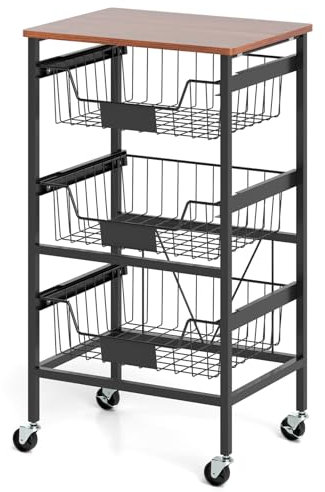 COSTWAY 4/5 Tier Rolling Cart, Kitchen Utility Storage Trolley with Wooden Top, Pull-out Baskets, DIY Chalk Labels & Lockable Wheels, Mobile Storage Shelving Organizer for Home Office (4 Tier)
