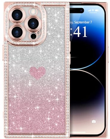 ROSEHUI for iPhone 14 Pro Max Case Glitter,Rectangle Clear Sparkly Phone Case with Bling Rhinestone Cute Heart Pattern Glitter Paper,Camera Protective TPU Shockproof Cover for Women Girls-Rose Gold