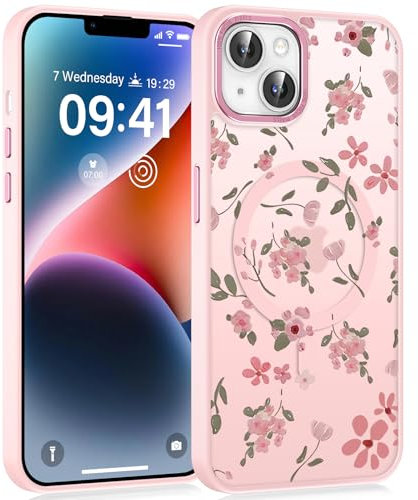 Xylota Cover Magnetica per iPhone 14/iPhone 13 6,1, Aesthetic Fiori Disegno Ragazze Custodia Compatibile con MagSafe, Traslucida Matte Ultra Sottile TPU Hard PC Antiurto Ragazze Protettiva Case, Rosa