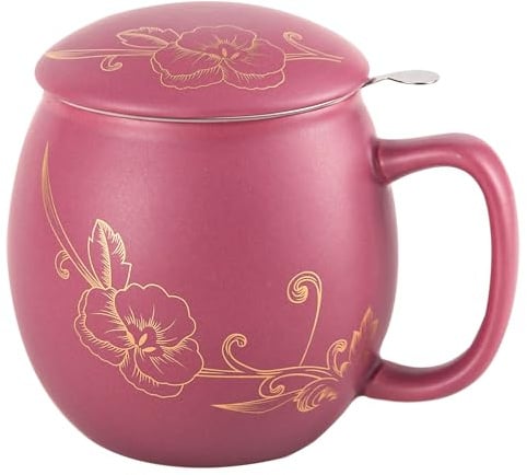 Yundu Tasse en céramique de 360 ml avec couvercle et passoire en acier inoxydable – Design violet mat avec fleur dorée, infuseur à thé en acier inoxydable 304 pour thé en vrac