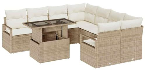 vidaXL 9-teiliges Garten-Sofa-Set mit Kissen, aus beigem Poly Rattan, verstellbare Füße, Bequeme Sitzmöglichkeiten, modernes Design für Deine Terrasse oder den Essbereich