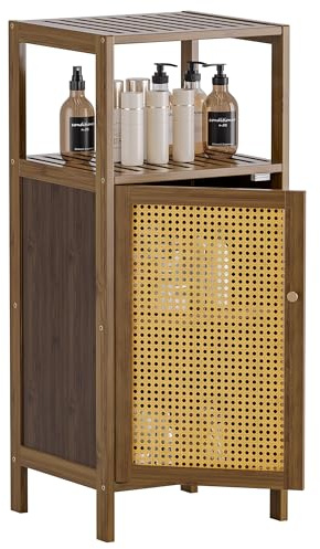 HITNET Rattan Badezimmerschrank Schmal für Küche Wohnzimmer, Walnuss | Kleiner Badschrank, Bambus Beistellschrank, Badezimmer Aufbewahrungsschrank Freistehend Bodenschrank mit Offenen Fächern