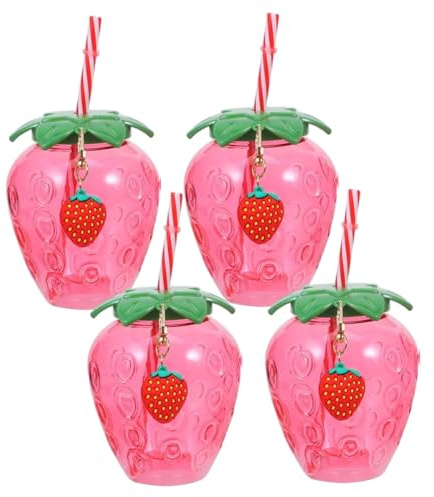 CNAFGBGG 4pcs Erdbeerbecher mit Deckel und Stroh, 500 ml Erdbeer -Plastikbecher mit Anhänger, wiederverwendbarer Wasserflasche für Strandsommerparty -Dekoration