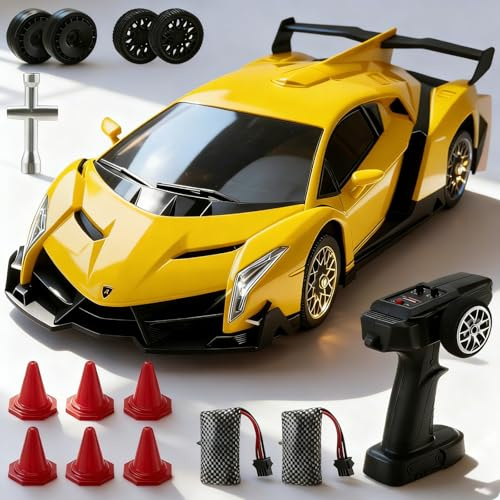 Nastopee Lamborghini RC Car, 2.4 GHz Ferngesteuertes Auto, 1:18 4WD RC Drift Auto mit LED Leuchten, 35 KM/H Mini Drift Auto Ferngesteuert für Jungen ab 6 7 8 9 10 11 12+ Jahre(Gelb)