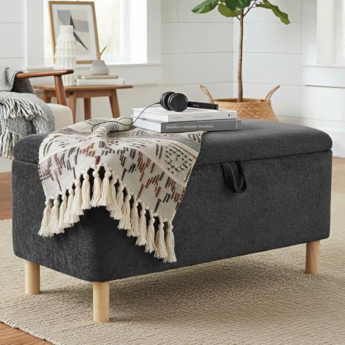 COLAMY Large Ottoman Storage Box for 80L，Wooden Ottoman Storage Bench with Anti-Slip Pads and Lift-Up Lid, Foot Stool for Living Room, Bedroom, Entryway, Boucle Fabric Footstool with Storage,Grey