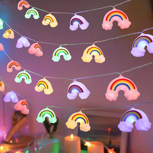 RECUTMS Regenbogen-Lichterkette, 3 m, batteriebetrieben, 20 LEDs, hängende Wolken-Lichterkette, niedliche Baby-Nachtlampe für Mädchen, Geschenk, Kinderzimmer, Schlafzimmer, Kinderzimmer, Camping