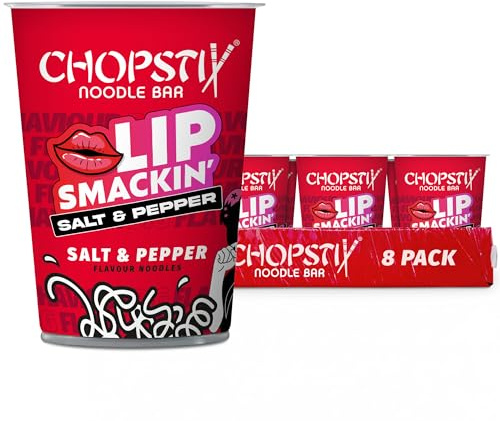 Chopstix Salt & Pepper Saucy Noodles 8 x 67g, Extra Long Wheat Noodles with Medium to High Heat Seasoning, Ready in 6 Minutes