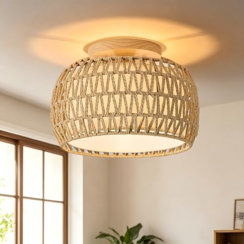 KUOP Deckenleuchte mit Rattan Lampenschirm Ø32cm E27 Vintage Deckenlampe | Rustikal Sockel in Holzoptik Pendelleuchte mit Boho Korb Lampe Für Wohnzimmer Schlafzimmer Esszimmer Küche Flur