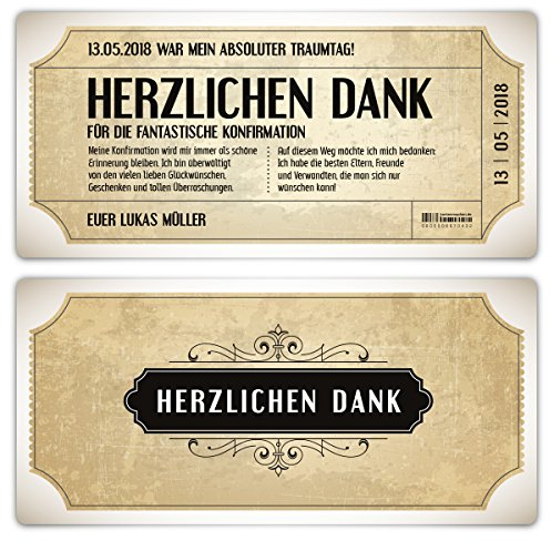 Selbst gestalten: Konfirmation Dankeskarten ab 10 Stück Menge wählbar, DIN Lang 210x98mm, Danksagungskarten Danksagung Konfirmationskarten - Vintage Eintrittskarten in Weiß