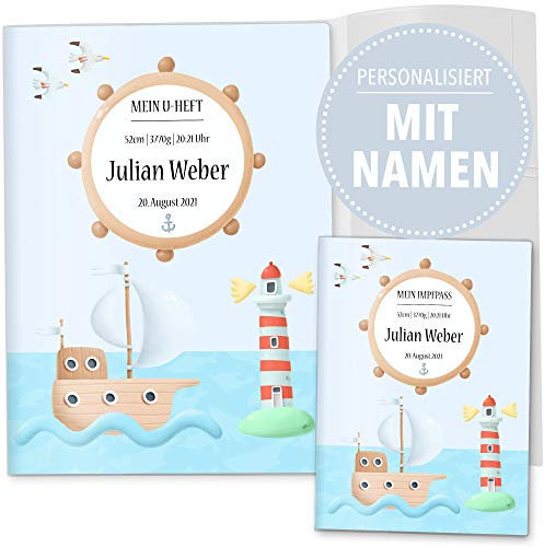 OLGS U-Heft und Impfpasshüllen 3-teiliges Set Auf Hoher See | Untersuchungsheft Hülle & Impfpasshülle personalisierbar mit Namen, Geburtsdatum (U-Heft Set 3-teilig personalisiert, Segelboot Kaly)