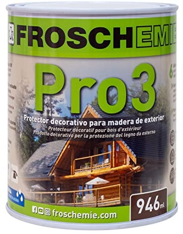 Lasur Protector Madera Interior y Exterior 946 mL – Doble Protección UV e Impermeable | Secado Rápido 2h | Acabado Poro Abierto Alta Penetración | Color Teca 112 | Froschemie Pro3