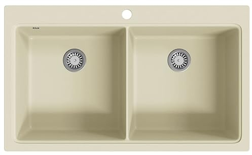 vidaXL Fregadero de Cocina de Granito con Dos Senos Lavabo Cocina Fontanería Piezas de Fontanería y Bricolaje Resistente Pileta Escurreplatos Beige