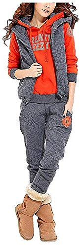 BUOYDM 3 Pezzi Completi Sportivi da Donna Hoodie Giacca Gilet + Felpa con Cappuccio + Pantaloni 3-in-1 Felpa con Cappuccio Cappotto Tuta Sportiva, Arancia L