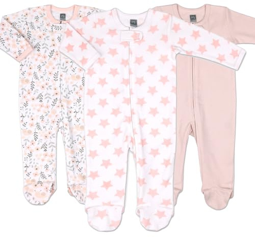 The Peanutshell Baby Sleepers for Girls 3-Pack - Newborn Clothes, Soft Cotton Baby Girl Footed Pajamas, Newborns Clothes Gift Set - Flower Pink