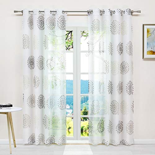 ESLIR Gardinen mit Ösen Vorhänge Fensterschal Transparent Ösenschal mit Kreis Muster Voile Braun BxH 140x225cm 1 Stück