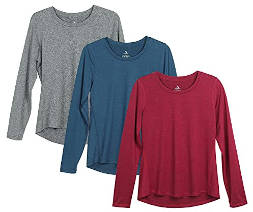 icyzone Damen Sport Shirt Langarm 3er Pack Atmungsaktive Laufshirt Funktionsshirt für Gym Fitness (Charcoal/Royal Blue/Wine, L)
