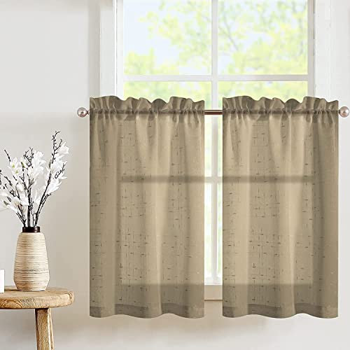 TOPICK Scheibengardinen 2er Set H 90 x B 63 (cm) Taupe Transparent Scheibengardine Landhausstil Bistrogardine mit Kreuzmuster Semi Sheer Gardine Kurztores Gaze Fensterschal für Küche Wohnzimmer