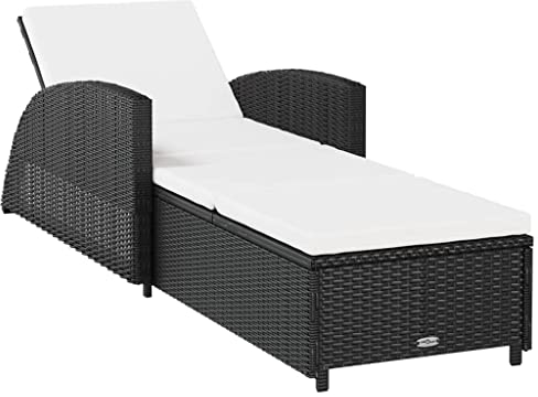 vidaXL Chaise Longue avec Coussin Blanc Cassé Bain de Soleil de Jardin Transat de Patio Chaise Longue d'Extérieur Piscine Osier PE Noir
