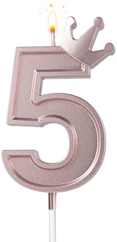 AIEX 3inch Birthday Number Candle, 3D Candle Cake Topper with Crown Cake Numeral Candles Number Candles for Birthday Anniversary Parties (Rose Gold; 5)