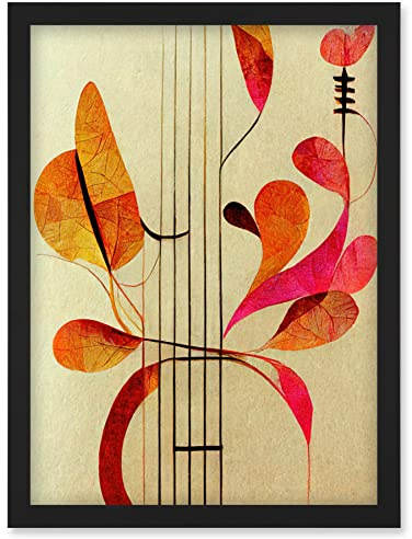 Wee Blue Coo Abstract Autumnal Boho Leaves and Musical Music Staff Lines Cream Pink Copper Yellow Artwork Framed Wall Art Print A4