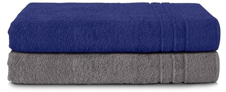 Komfortec Lot de 2 Serviettes de Sauna 70 x 200 cm en 100% Coton XXL - Serviette de Sauna Douce - Grande Taille - Séchage Rapide - Anthracite/Bleu Marine