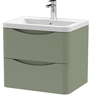 nuie LUN802A Lunar Modern Bathroom Wall Hung 2 Drawer Vanity Basin Unit & Ceramic Basin, 600mm, Satin Green