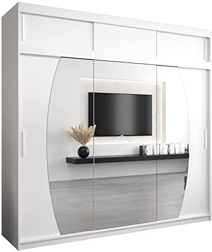 MEBLE KRYSPOL Elypse 250 Schlafzimmerschrank mit DREI Schiebetüren, Spiegel, Kleiderstange und Regalen – 250x240x62cm - Mattweiß mit Verlängerung