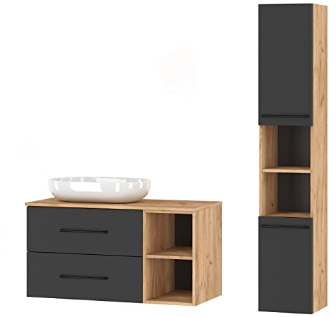 Planetmöbel Badmöbel Komplettset Badmöbel Komplettset 4-teilig 100cm mit Aufsatzwaschbecken und Hochschrank, in den Farben Gold Eiche/Anthrazit