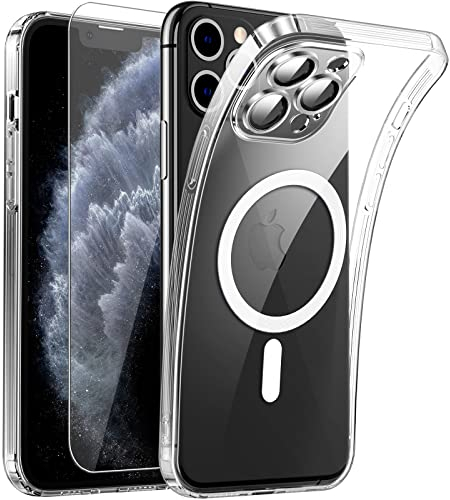Clear Magnetisch für iPhone 11 Pro Hülle mit MagSafe [Integriert Kameraschutz Glas] [Original iPhone Äußere] Durchsichtig Silikon Case Dünn [Niemals Gelb] Handyhülle Anti Fingerabdruck Schutzhülle