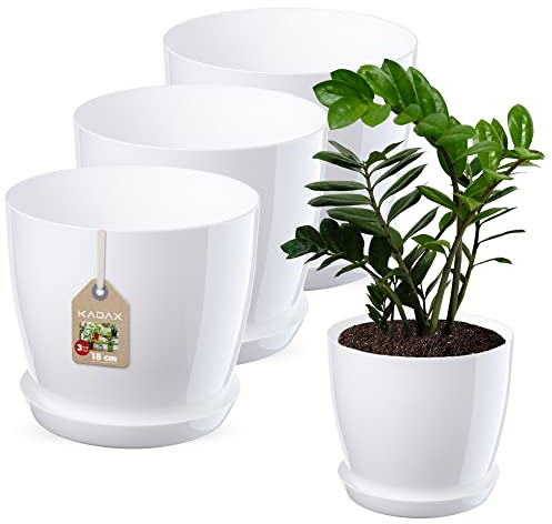 KADAX Vaso da fiori con sottovaso, vaso rotondo in plastica, per interni, vaso per fiori e piante da interno, vaso per erbe aromatiche (set di 3 – 18 cm, bianco)