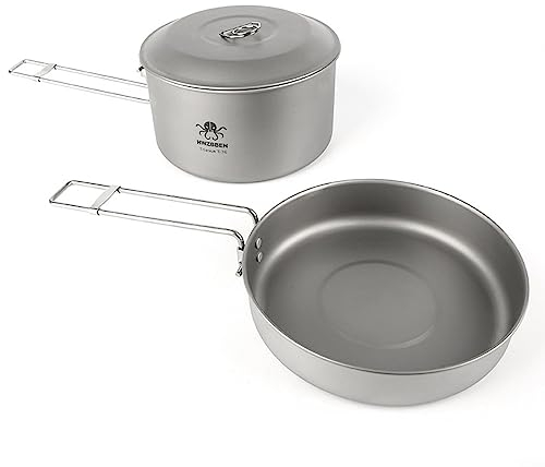 Ti76 - Juego de ollas y platillos plegables de titanio puro, juego de utensilios de cocina 3 en 1, juego de utensilios de cocina con tapa y mango plegable para acampar