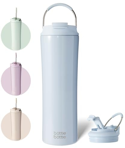 BOTTLE BOTTLE Insulated Coffee Cup with Dual-use Lid and Straw 700ml(24oz) Reusable Iced Travel Mug for Woman and Man Stainless Steel Tumbler with Handle(Light Blue)