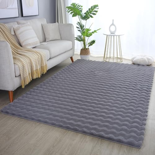 SIMPEX Teppich 140x200 cm Grau, Flauschiger Teppich in Felloptik mit Hoch-Tief Struktur & Bubble-Design, Super Weich, Plüschig, Ideal für Wohnzimmer & Schlafzimmer