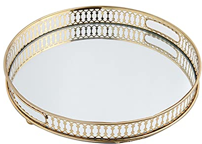 Metall Serving Tablett Gold Serviertablett mit Spiegel Glas Dekoratives Butler-Tablett Servierplatte für Essen Getränke Schmuck Schlüssel zu Hause (Rund,32cm)
