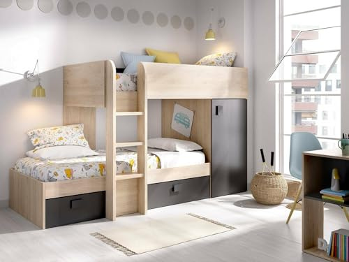 Dmora - Letto per bambini Marmolada, Cameretta completa con armadio e cassetti, Composizione letto a castello con due lettini singoli, 255x112h150 cm, Rovere e Antracite