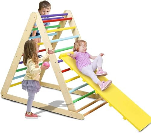 Climbing Frame for Toddlers, 2 in 1 Wooden Indoor Climbing Pikler Triangle Set with Ramp Ladder Slide, Baby Montessori Playground Jungle Gym Climber Toys for Kids (Colorful)