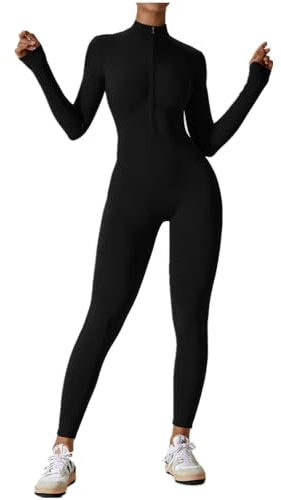 HOMDECR Damen Sport Jumpsuit Lang Eng Yoga Overall Langarm V-Ausschnitt Playsuits Mit Reißverschluss Jogging Strampler Hosenanzug Trainingsanzug (Schwarz,S)