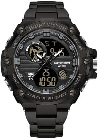 rorios Herren Elektronische Dual Display Uhr 5ATM wasserdichte Armbanduhr Digital Analog Quarz Uhren Multifunktional Militär Herrenuhren Edelstahl Armband Schwarz C