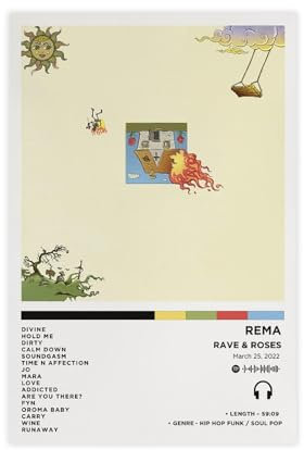 Yeepi Rema Rave & Roses Albumcover auf Leinwand, Poster, Schlafzimmer-Dekor, Sportlandschaft, Büro, Raumdekoration, Geschenk, ungerahmt, 20 x 30 cm