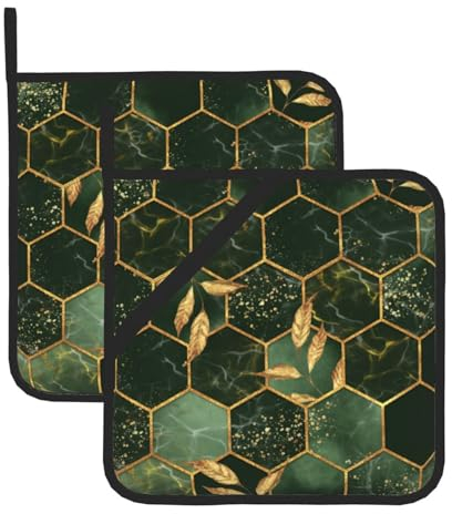 Set di 2 presine moderne geometriche in marmo verde, presine per cucina, resistenti al calore, presine calde per bancone della cucina, presine con presine ad anello, per cucinare alla griglia e al fo