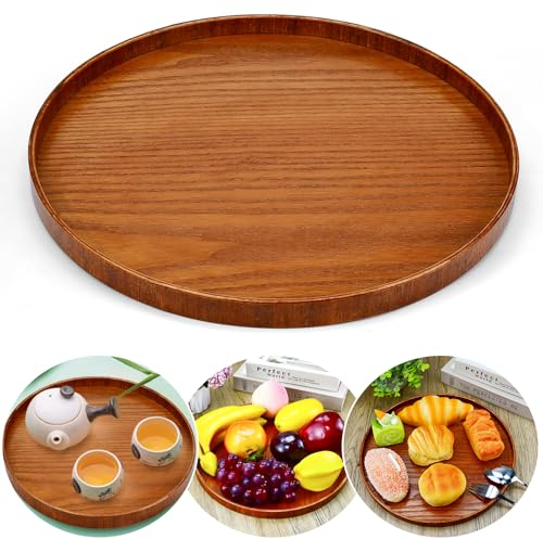 DTYGUIXE Plateau de Service Rond en Bois Assiettes Rondes en Bois Marron Plateau Rond Bois 30 cm Rond Soucoupes Bois de Rangement Plateau Rond en Bois Plateau à Thé en Bois pour Fruits Steak, Café