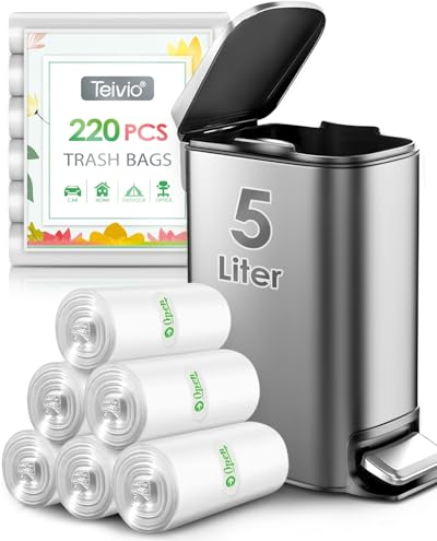 Teivio 5 Liter Small Bin Bags 220 Counts Pedal Bin Liners Thick Plastic Waste Bags for Bathroom, Kitchen, Office, Fit 3-5L Rubbish Bin, Clear