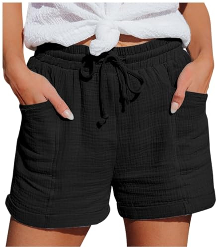 MJIQING Damen Shorts Sommer Mode Lässige Musselin Hose mit hoher Taille Gerades Bein Sport Lässige Lockere Shorts mit Kordelzug Kurze Hose mit Taschen Gummiband Elastische Stoffhose(#01-Black XXL)