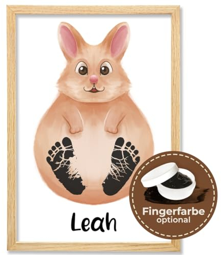 Baby Fussabdruck Set Bild mit Hase Motiv – Süßes Baby Geschenk & Kinderzimmer Deko – Personalisiertes Baby Abdruckset ist perfekt als Personalisierte Geschenke Baby – Rahmen & Farbe Optional
