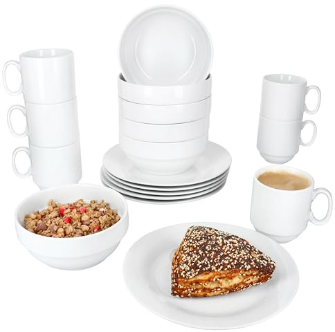 MamboCat Tommy 18tlg Frühstücksset I weißes Porzellan-Geschirr für Frühstücks- & Kaffeezeit I Je 6x Teller, stapelbare Schalen 360ml & Becher 220ml für 6 Personen
