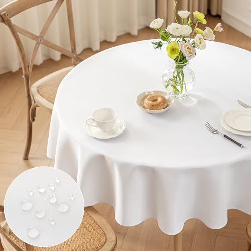 Moonooda Tischdecke Rund Weiß, Φ120cm Tischdecken Waschbar Tischtuch aus Polyester, Leicht wasserabweisend mit Lotuseffekt, Dauerhaft Kratzfest für Haus, Hochzeiten, Party