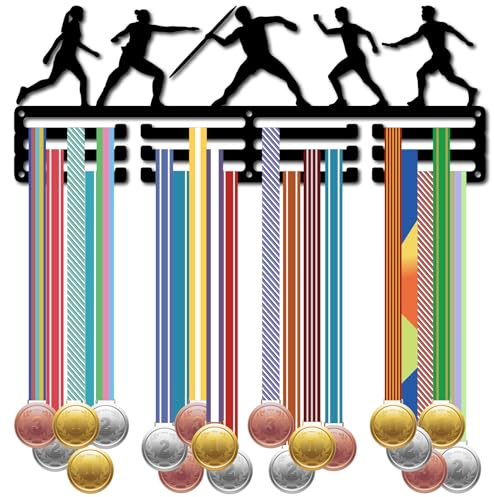 CREATCABIN Medaillenhalter Für Leichtathletik Wandmontage Eisenrahmen Dekoration Auszeichnungen Aufbewahrung Aufhänger 3 Leine Separate Haken Für Athleten 60+Medaillen Bänder Organizer Display 40x15cm