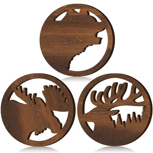 Beeveer 3 Pcs Rustic Animal Wooden Trivet for Hot Dishes Plates Decorative Round Hot Pad for Kitchen Heat Resistant Wooden Pot Holders Wooden Mat Pot Holder for Kitchen Dining Table Cookware